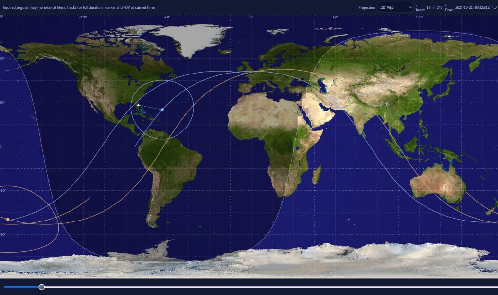 2D equirectangular map with tracks, footprints, and day/night shading